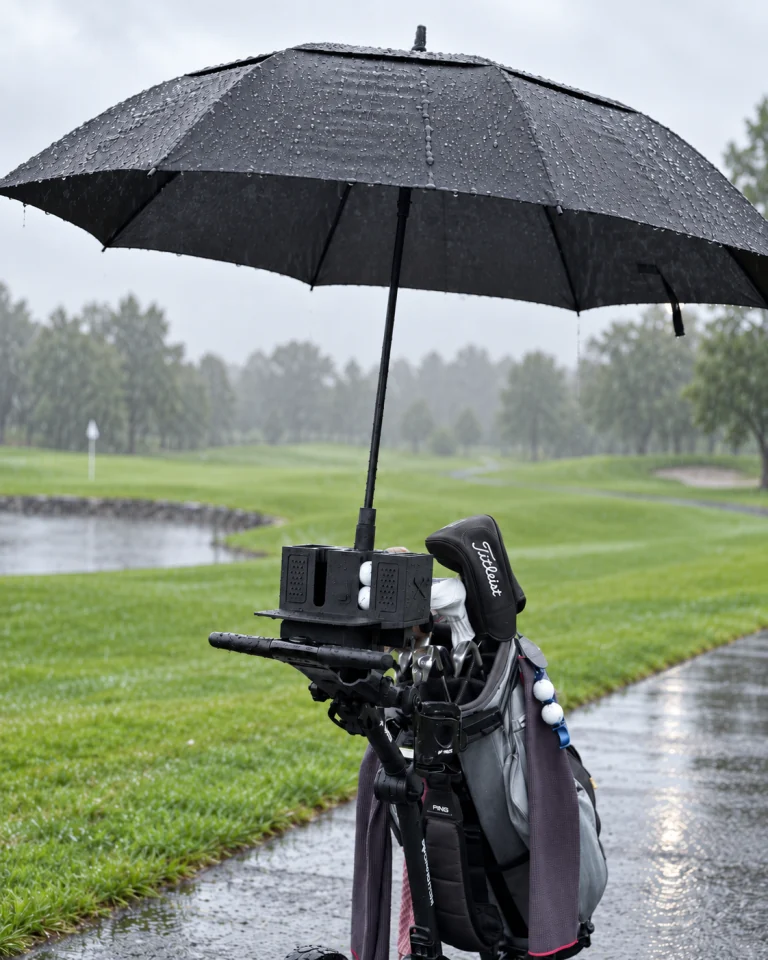 GolfMate organizer mounted on a golf cart beneath an umbrella on a rainy course